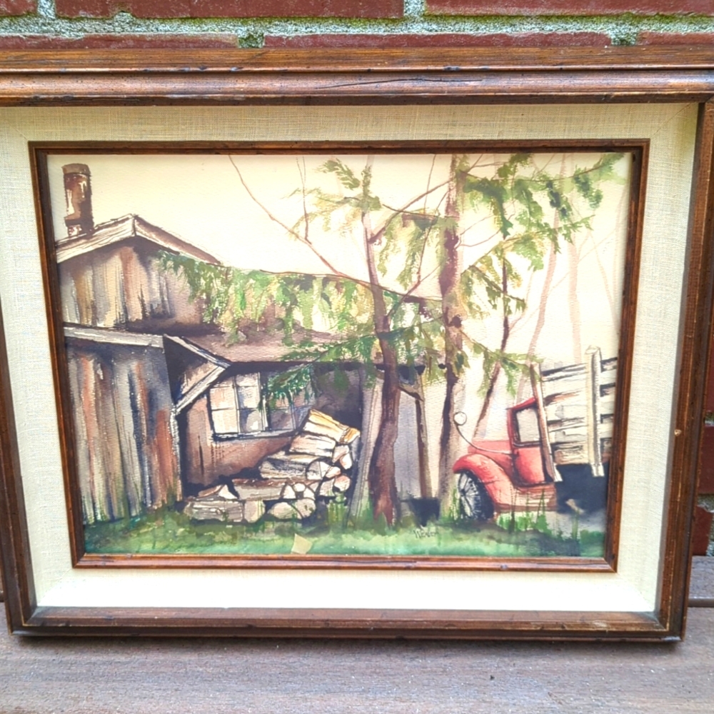 Vintage Framed Cabin and Truck Watercolor